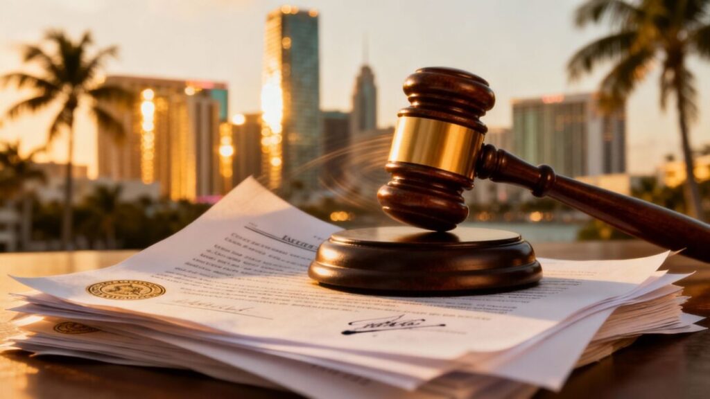 Gavel striking documents with Miami skyline backdrop.
