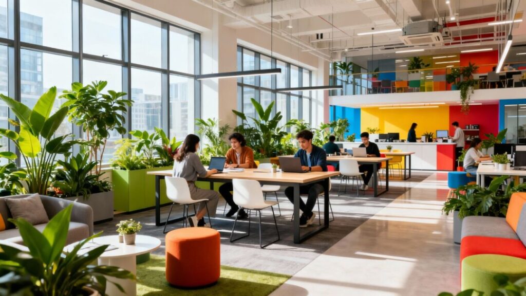 Modern co-working space in downtown Miami with people working.