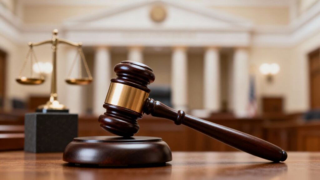 Gavel striking a block, courthouse background