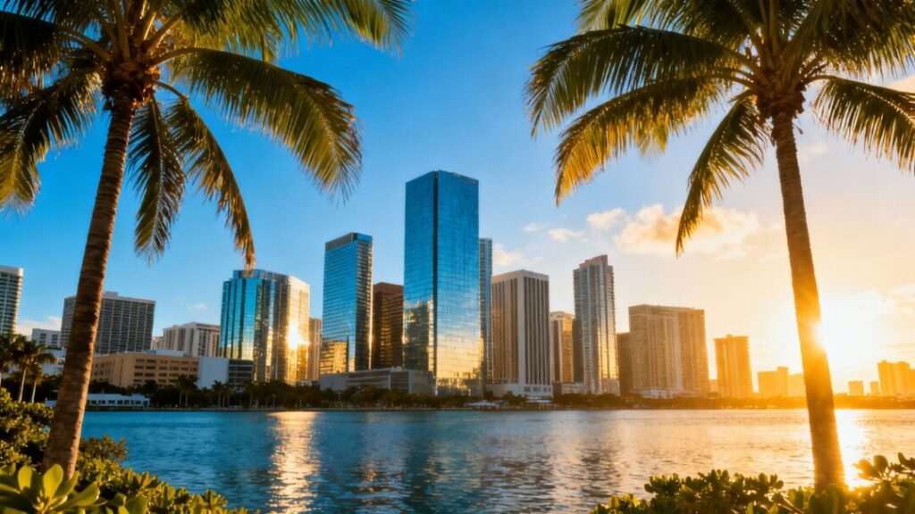 Miami skyline with palm trees and blue sky.