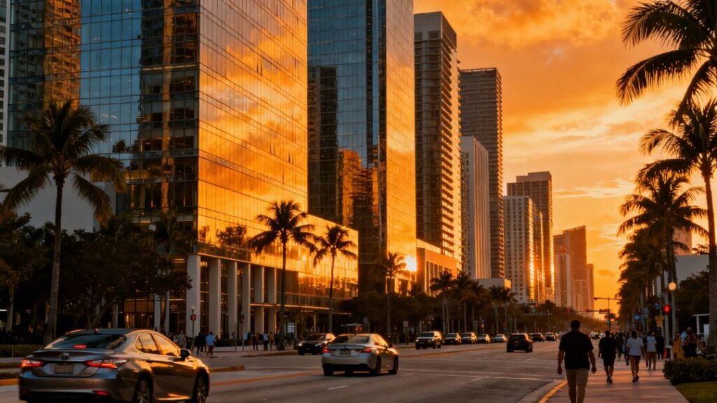 Miami skyline with skyscrapers and palm trees.