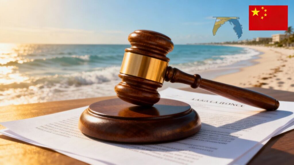 Gavel striking document, Florida coast, Chinese flag element.