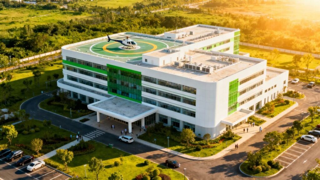 Modern hospital building with helipad and landscaping.