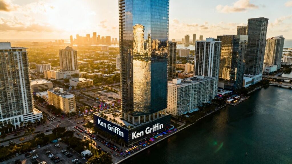 Miami skyline with a new skyscraper and [Ken Griffin].