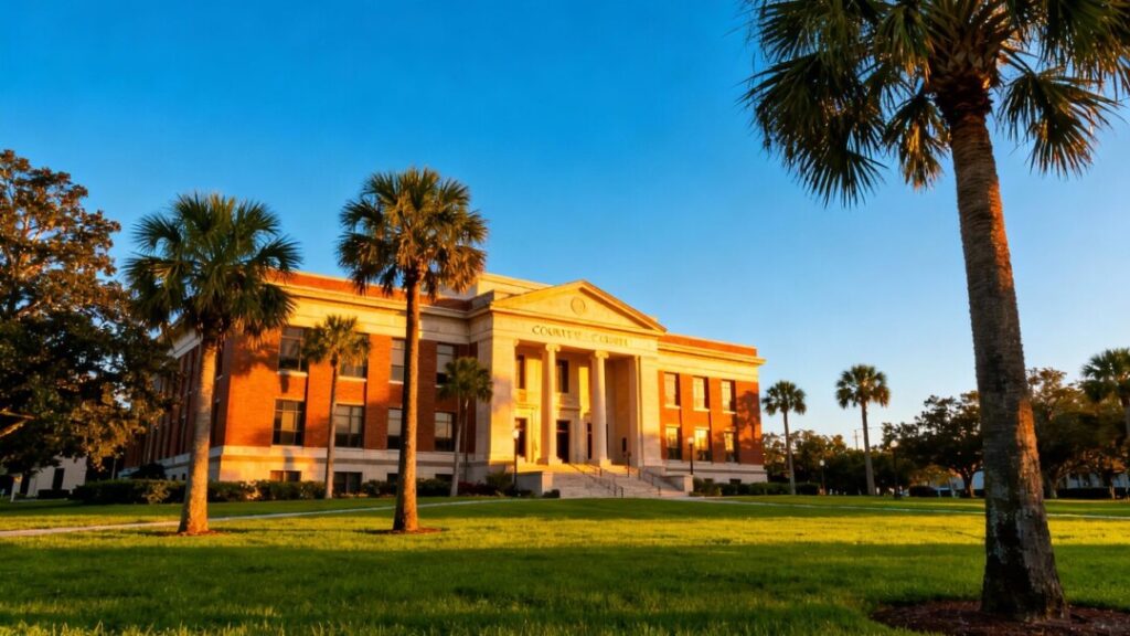 County courthouse with palm trees and blue sky.
