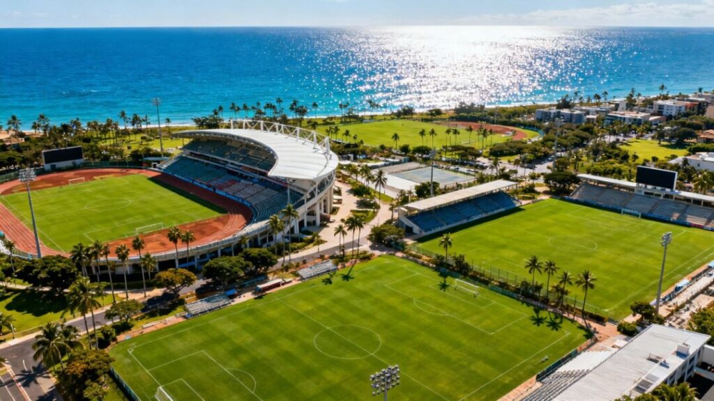 Sports complex in Broward County with ocean backdrop.