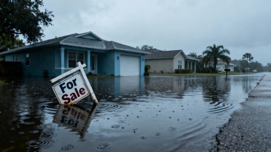 Flooded Florida neighborhood with submerged houses and a waterlogged sign.