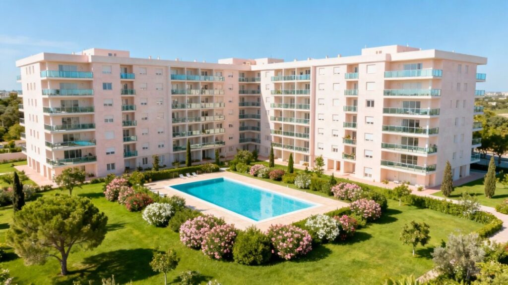 Miami-area apartment complex exterior with pool and balconies.
