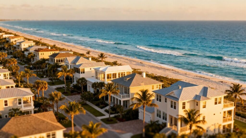 Florida homes by the ocean with palm trees.