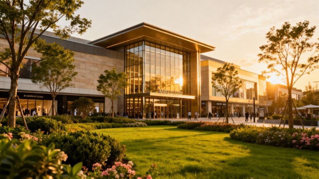 Modern retail building with green landscaping.