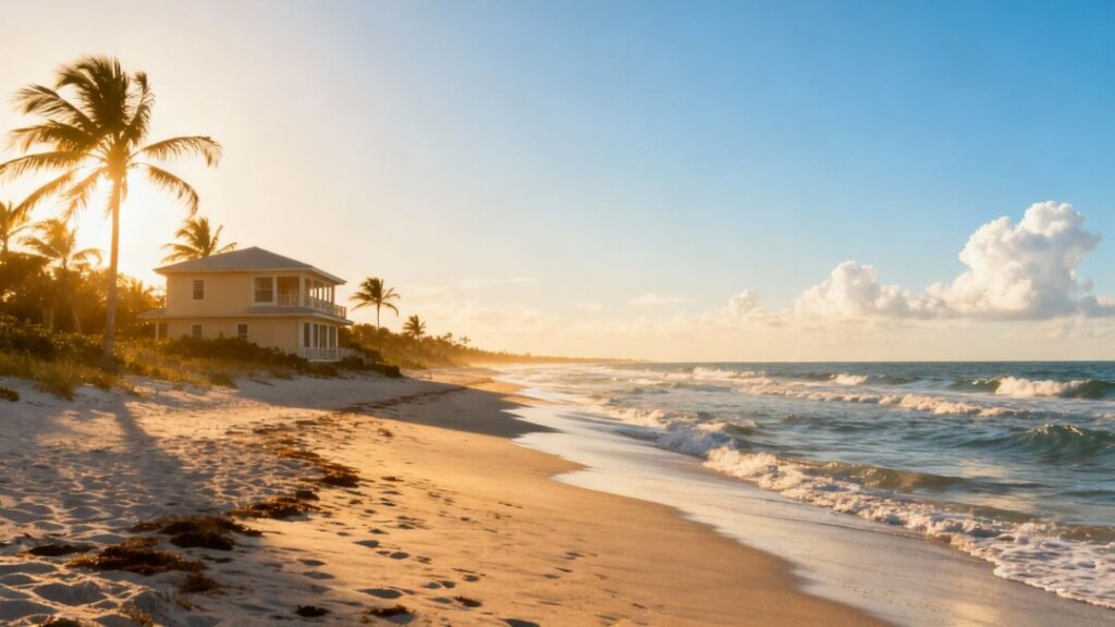Florida coastline with a house and palm trees.