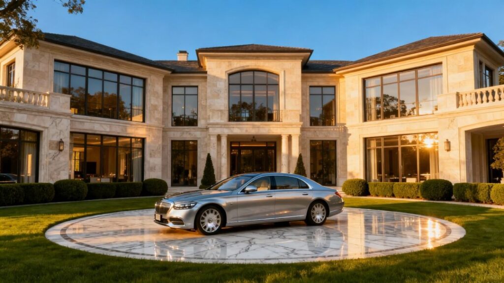 Luxury mansion with car and green lawn.