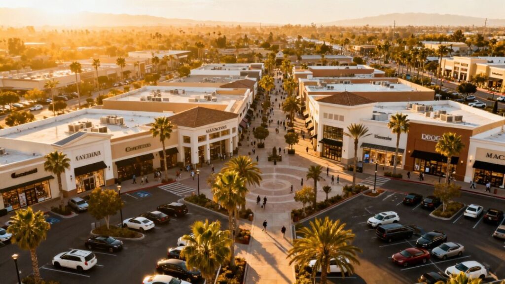 Aerial view of a sunny open-air shopping center with palm trees.