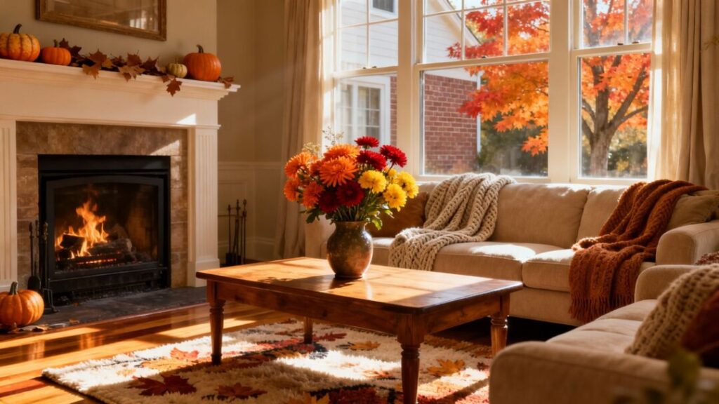 Cozy autumn living room with sunlight and fall flowers.