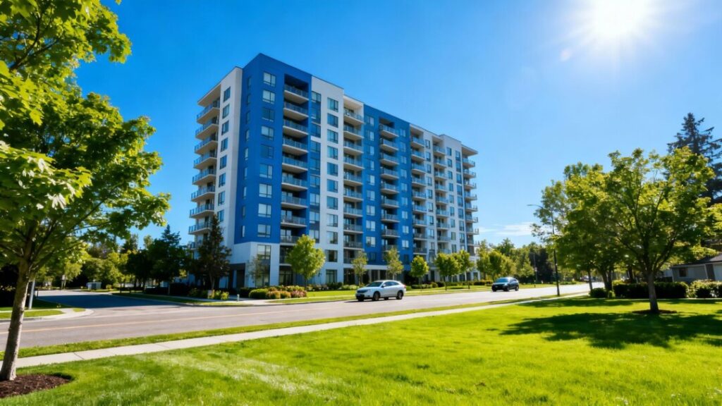 Broward County condominium building with trees and cars.
