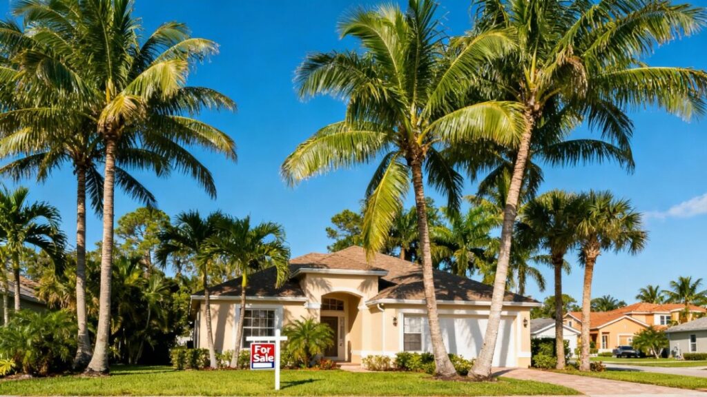 Florida house with palm trees and a 'For Sale' sign.
