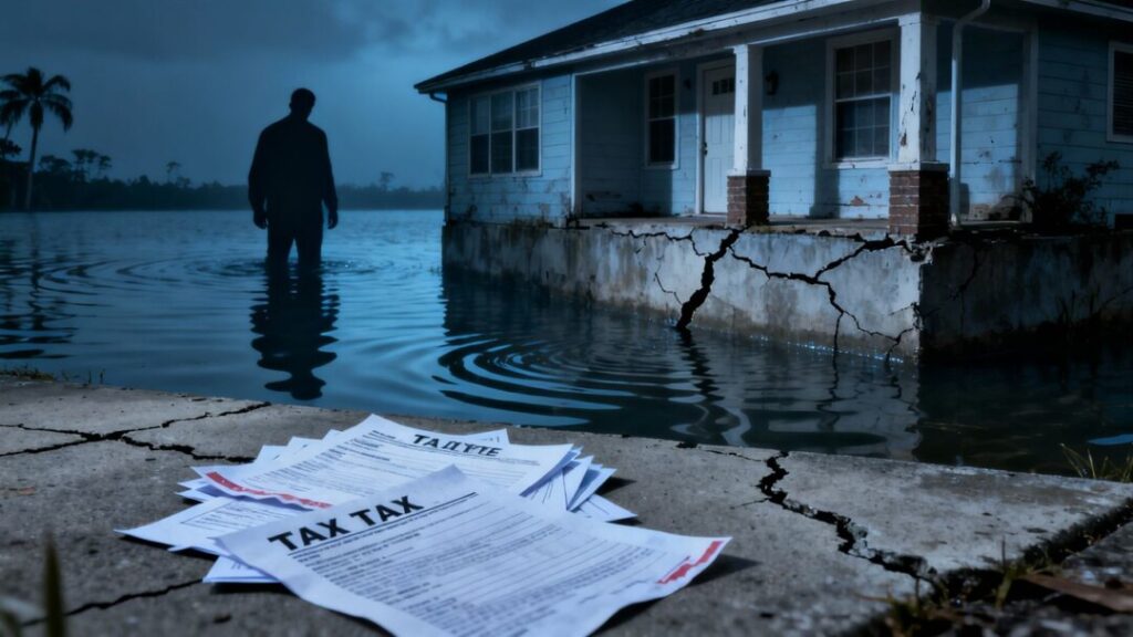 Florida home with rising water and tax documents.