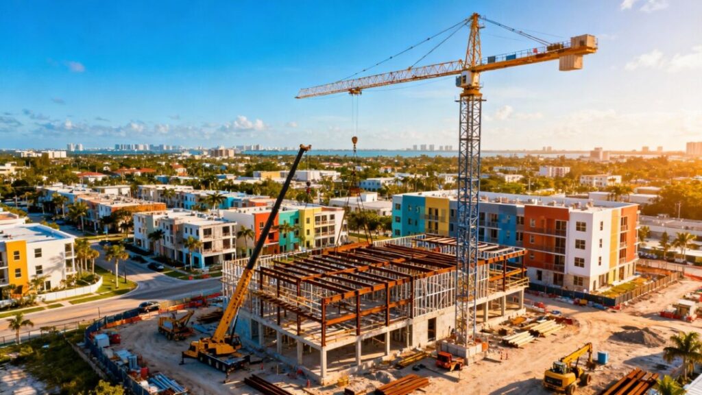 Miami-Dade construction site with cranes and new buildings.