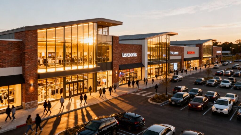 Modern retail shopping center with storefronts and parking lot.