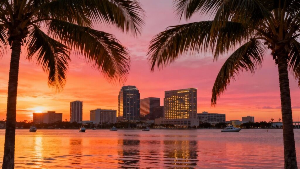 Tampa skyline with palm trees and bay at sunset.