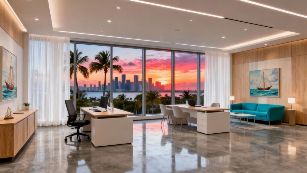 Real estate office interior with city skyline view.