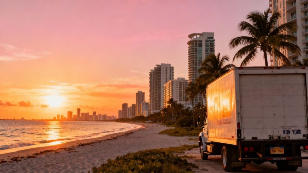 Miami skyline with New York moving truck on beach.