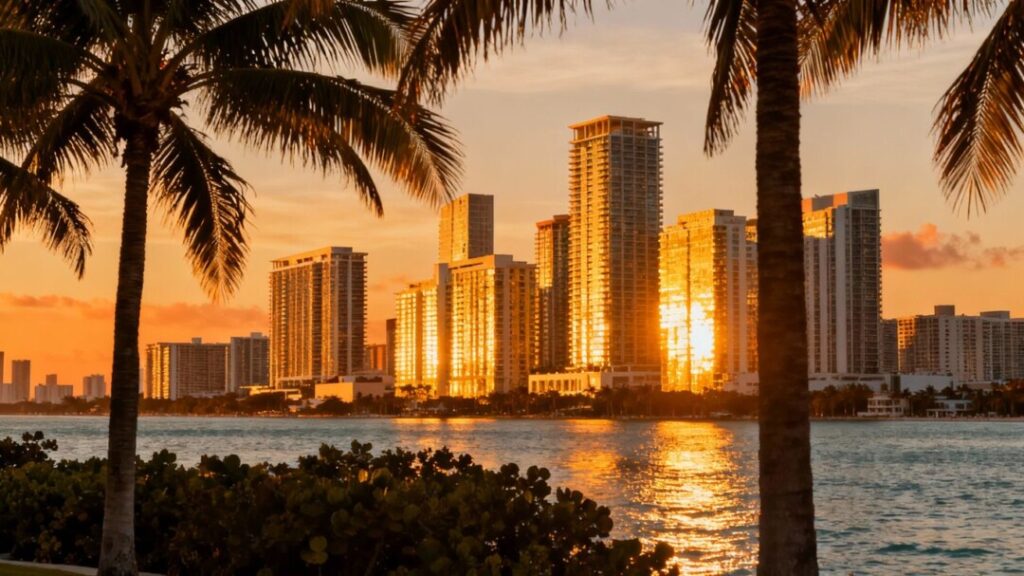 Miami skyline with palm trees and ocean.