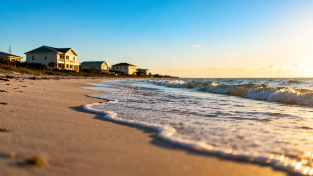 Florida coast with houses and gentle waves.
