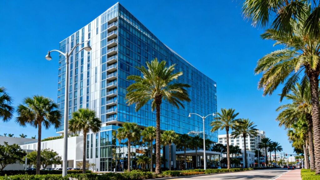 West Hollywood hotel building with palm trees.