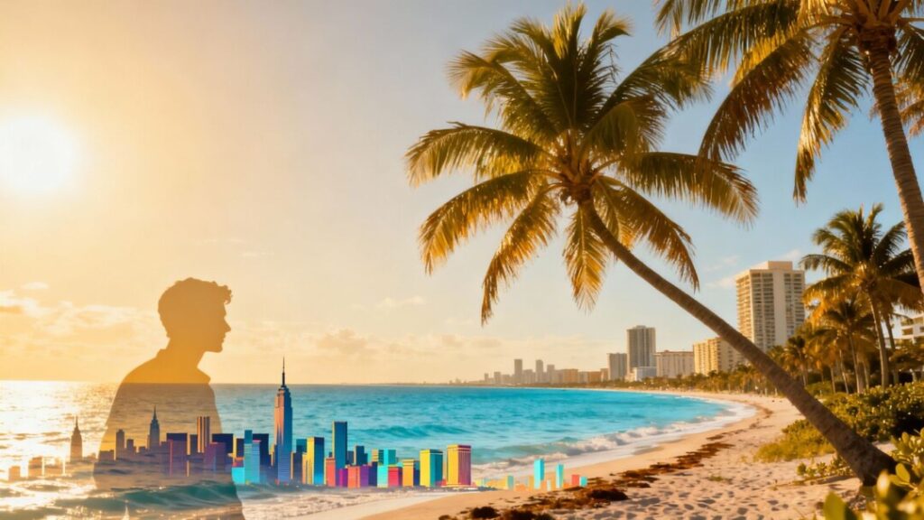 NYC skyline transitioning to Florida coast, symbolizing migration.