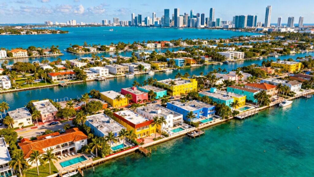 Miami skyline with diverse neighborhoods and coastline.