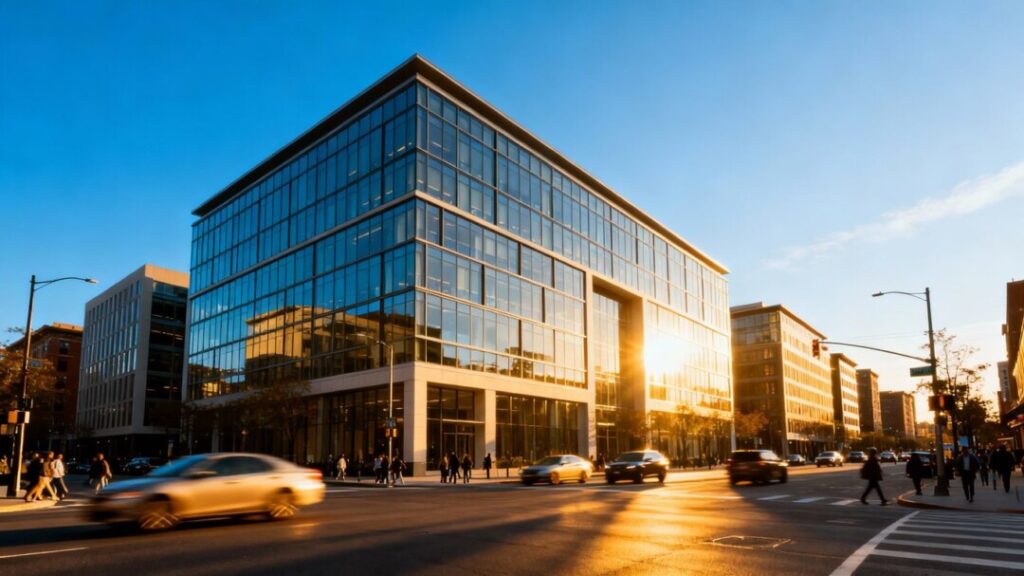 Broward County skyline with office buildings and busy streets.