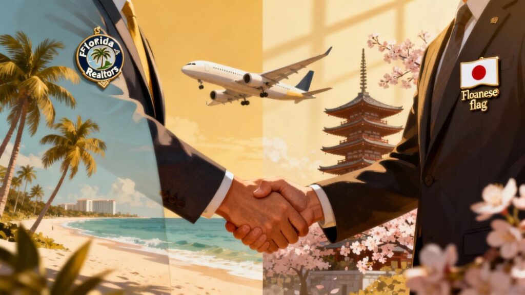 Florida and Japan handshake with airplane and landmarks.