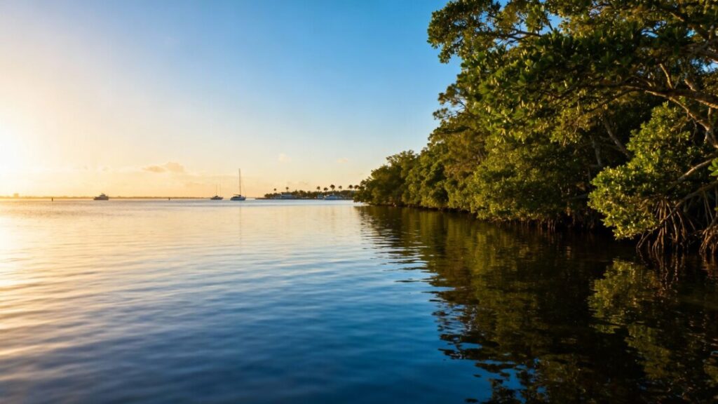 Ballast Point waterfront with boats and trees.