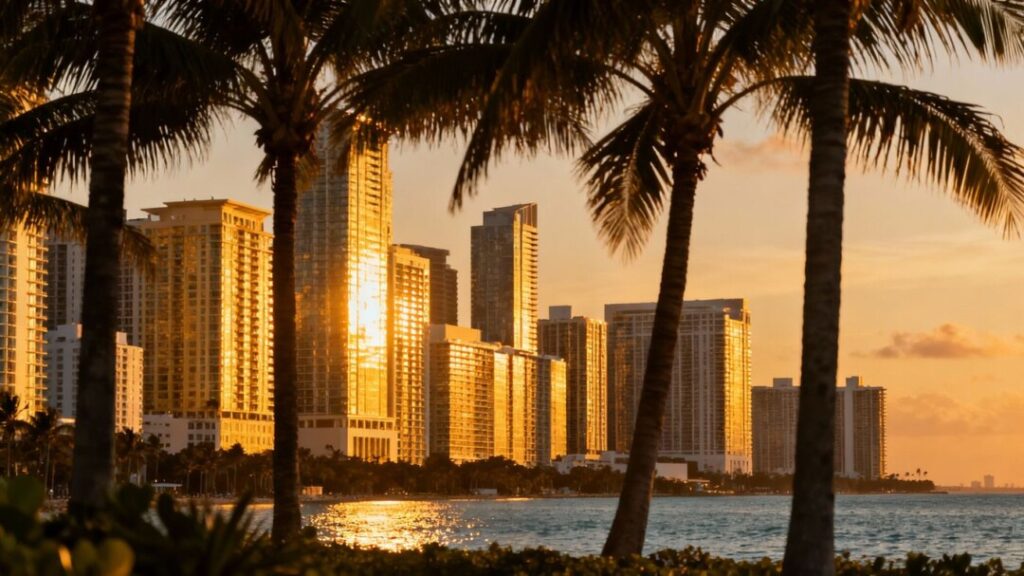 Miami skyline with palm trees and ocean.