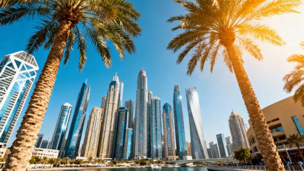 Southeast Florida cityscape with skyscrapers and palm trees.