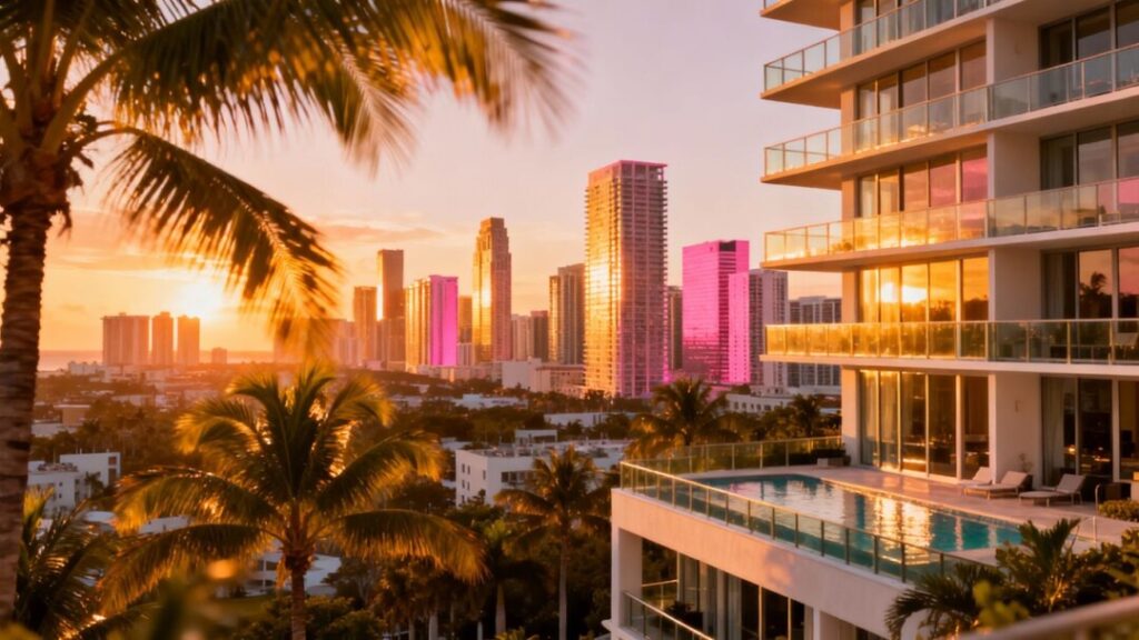 Miami skyline with luxury condos at sunset.
