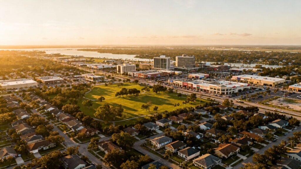 Hillsborough County landscape with stable structures and sunlight.
