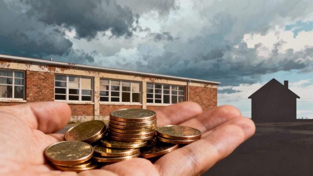 School building, coins, and house silhouette.