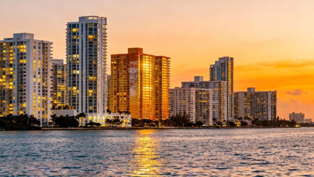 Fort Lauderdale condo skyline at sunset with ocean view.