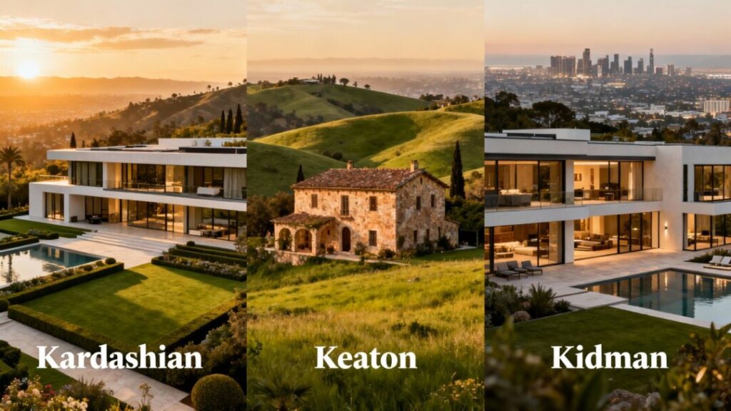 Celebrity homes: Kardashian, Keaton, and Kidman estates.