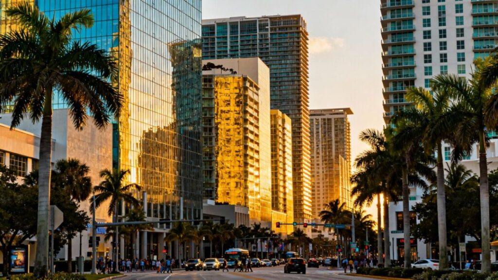 Miami skyline with modern skyscrapers and palm trees.