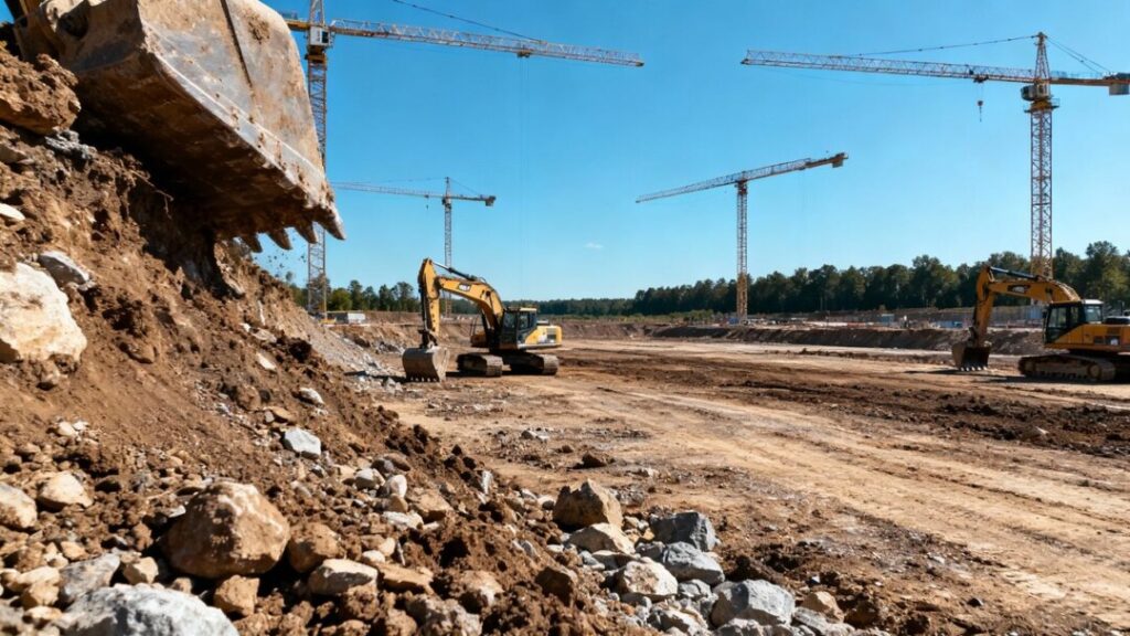 Construction site with cranes and heavy machinery.