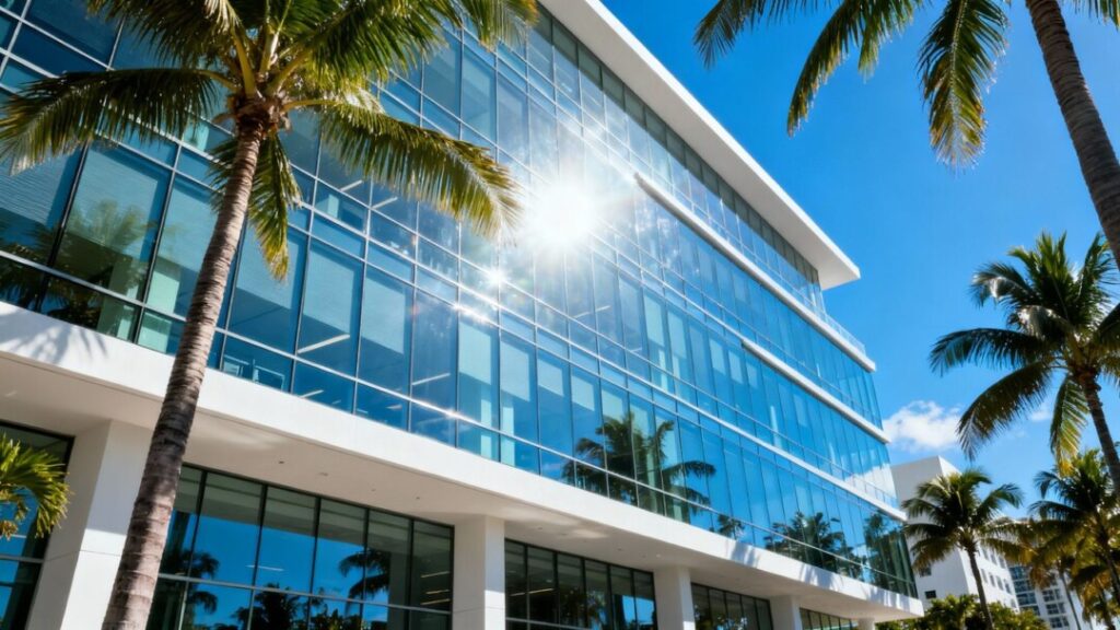 Miami Beach office building exterior with palm trees and blue sky.