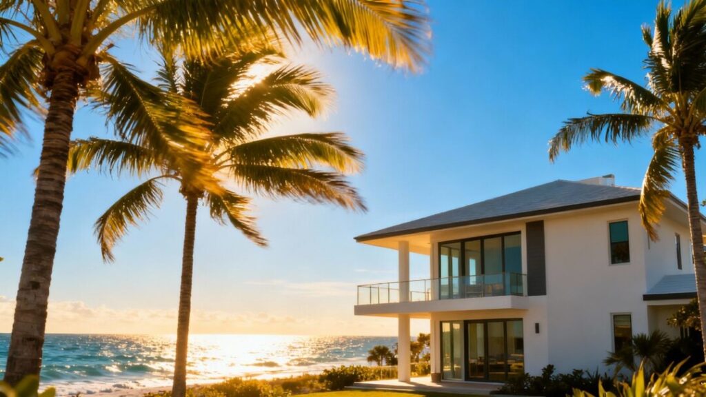 Florida coast with house and palm trees.