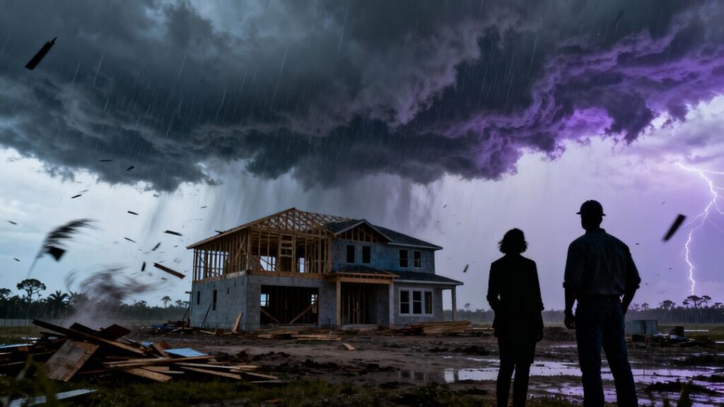Florida real estate with storm clouds overhead.