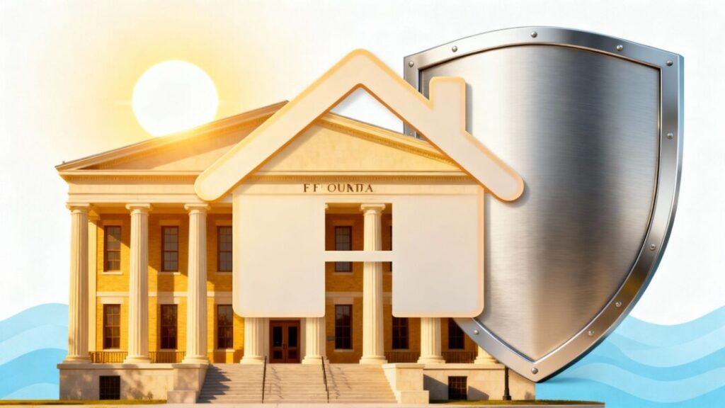 Hillsborough courthouse with shield protecting a house.