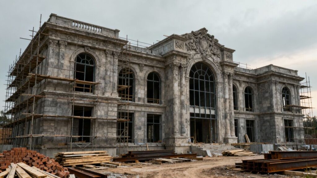 Unfinished Governor's Mansion with construction materials.