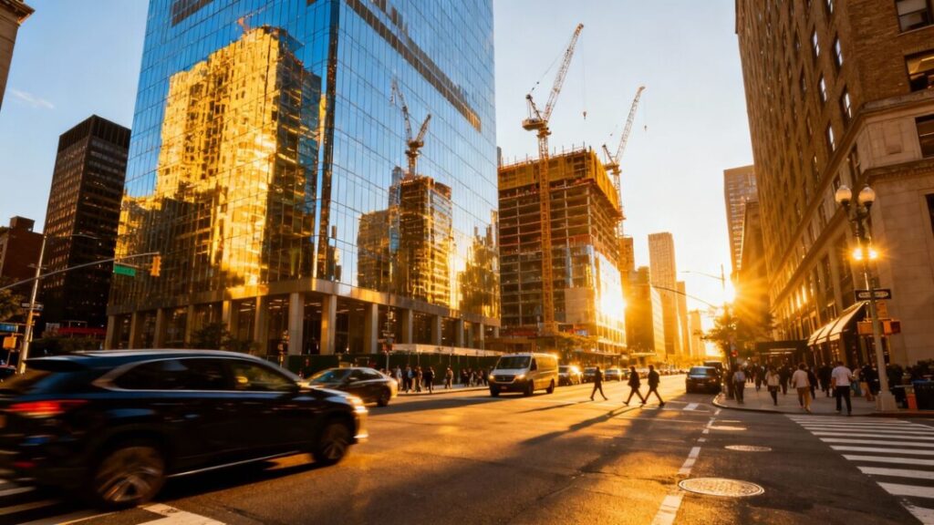 Florida cityscape with skyscrapers and construction cranes.