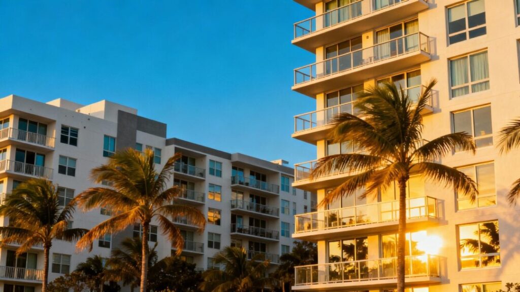 Broward County condos with palm trees and blue sky.